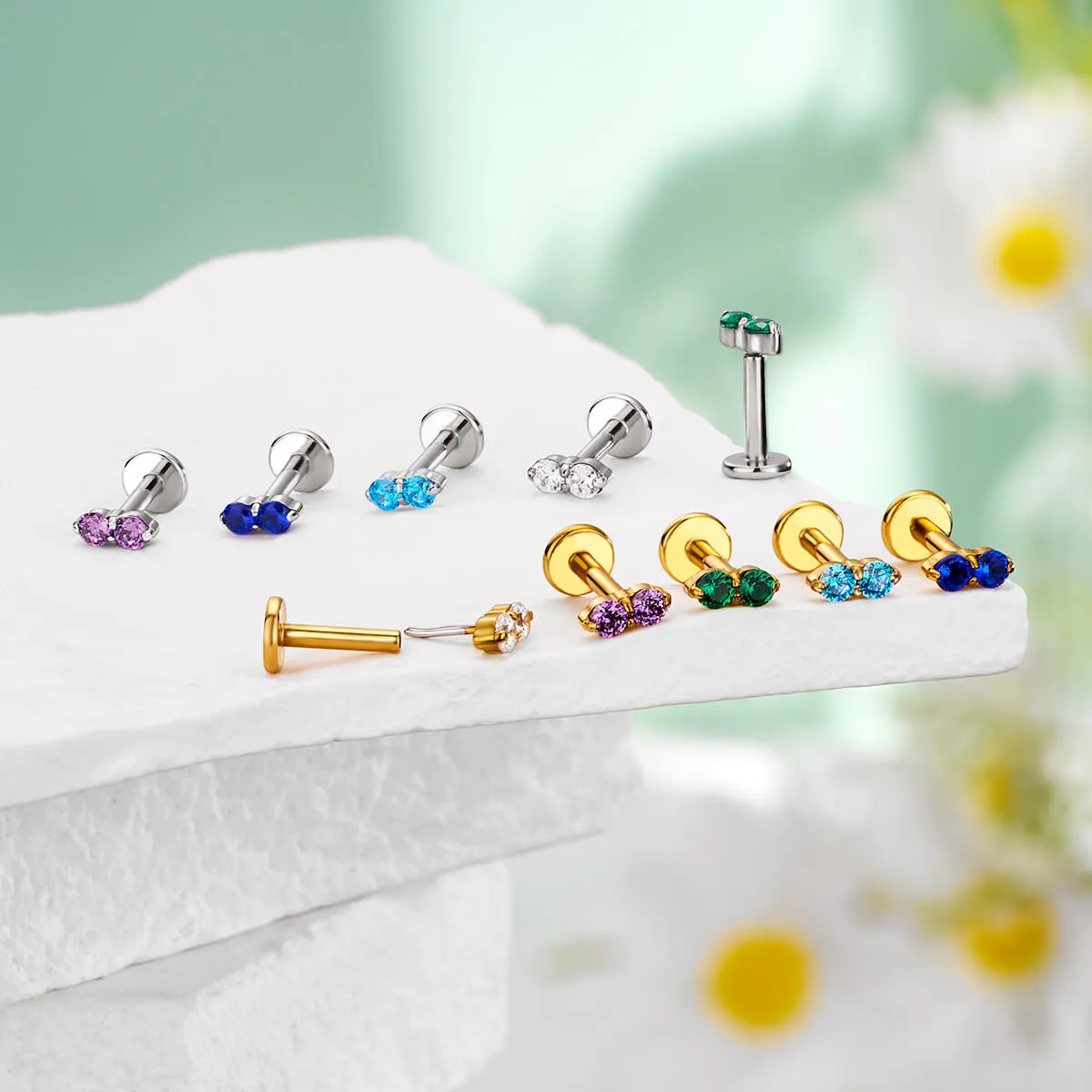 16G Threadless Push Pin Tiny Double CZ Flat Back Cartilage Earring