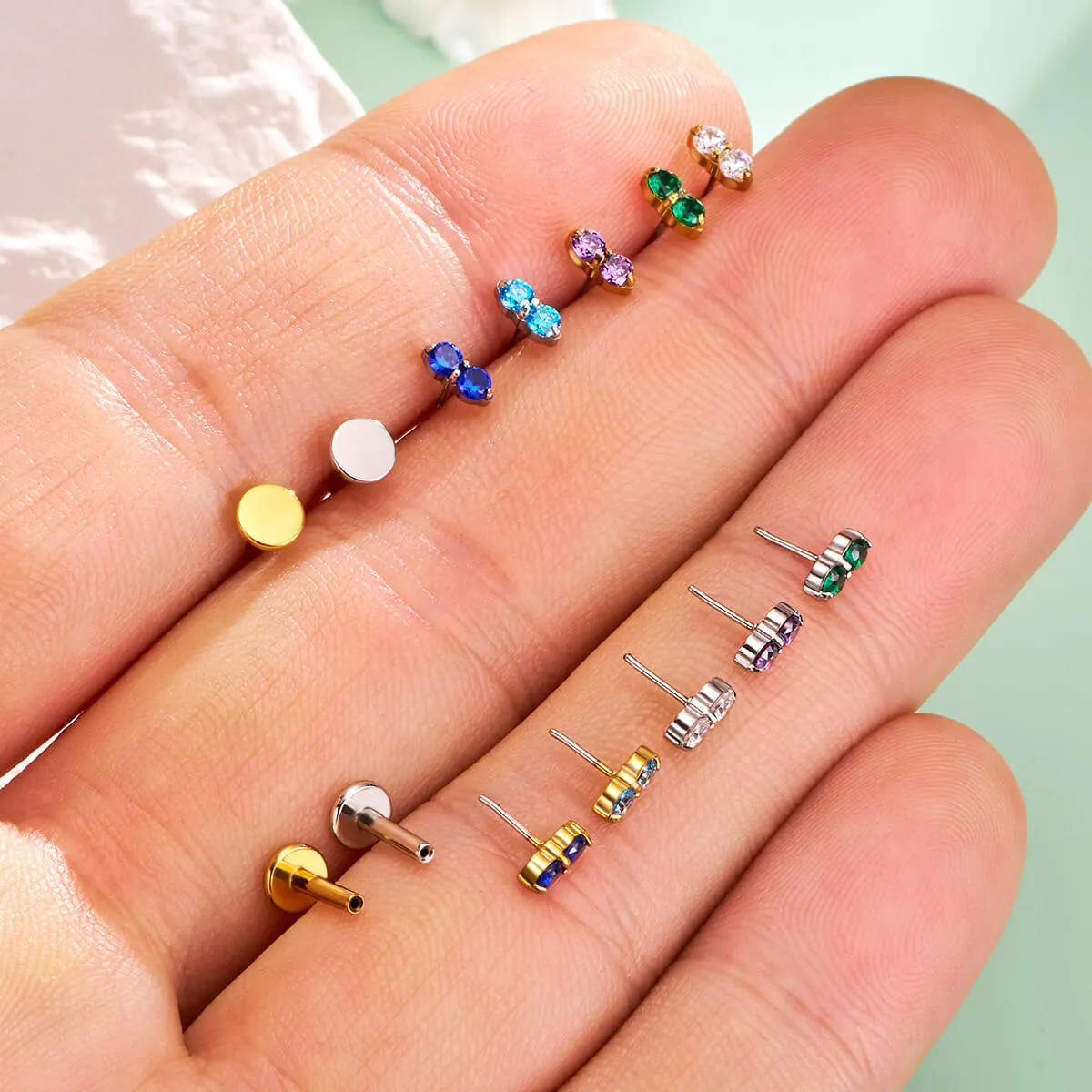 16G Threadless Push Pin Tiny Double CZ Flat Back Cartilage Earring