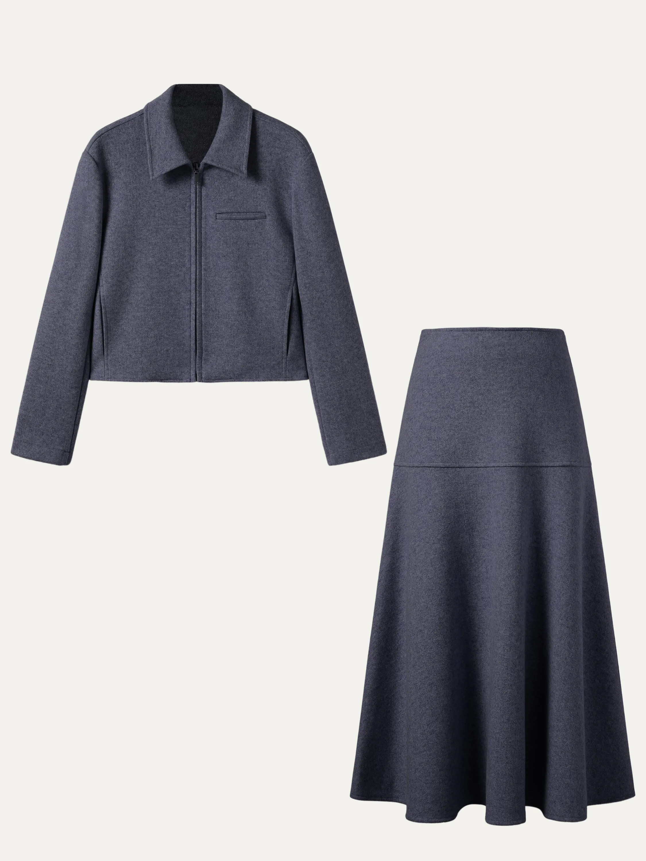 2Pcs Set Full-Zip Cropped Jacket & Flared Maxi Skirt