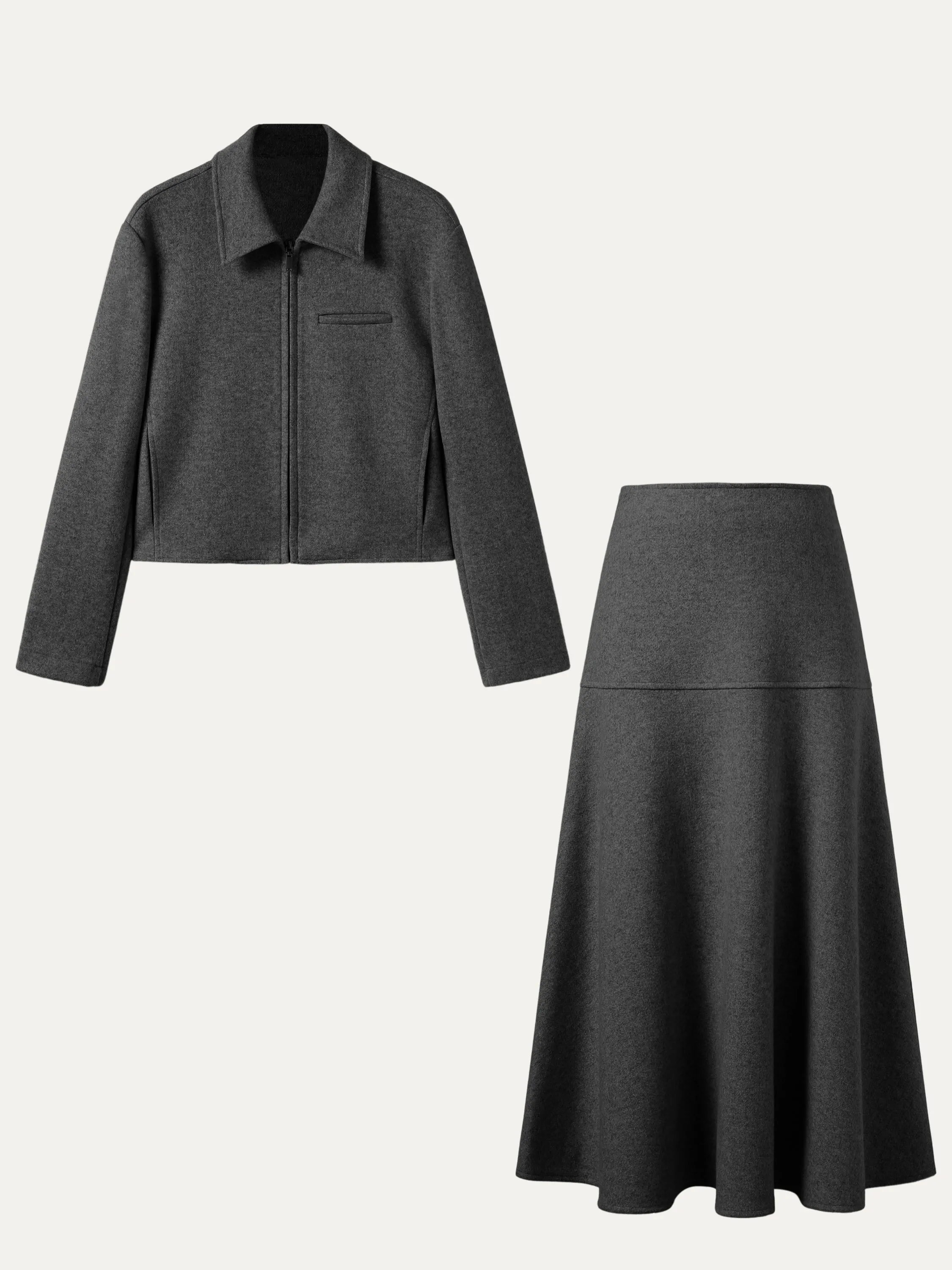 2Pcs Set Full-Zip Cropped Jacket & Flared Maxi Skirt