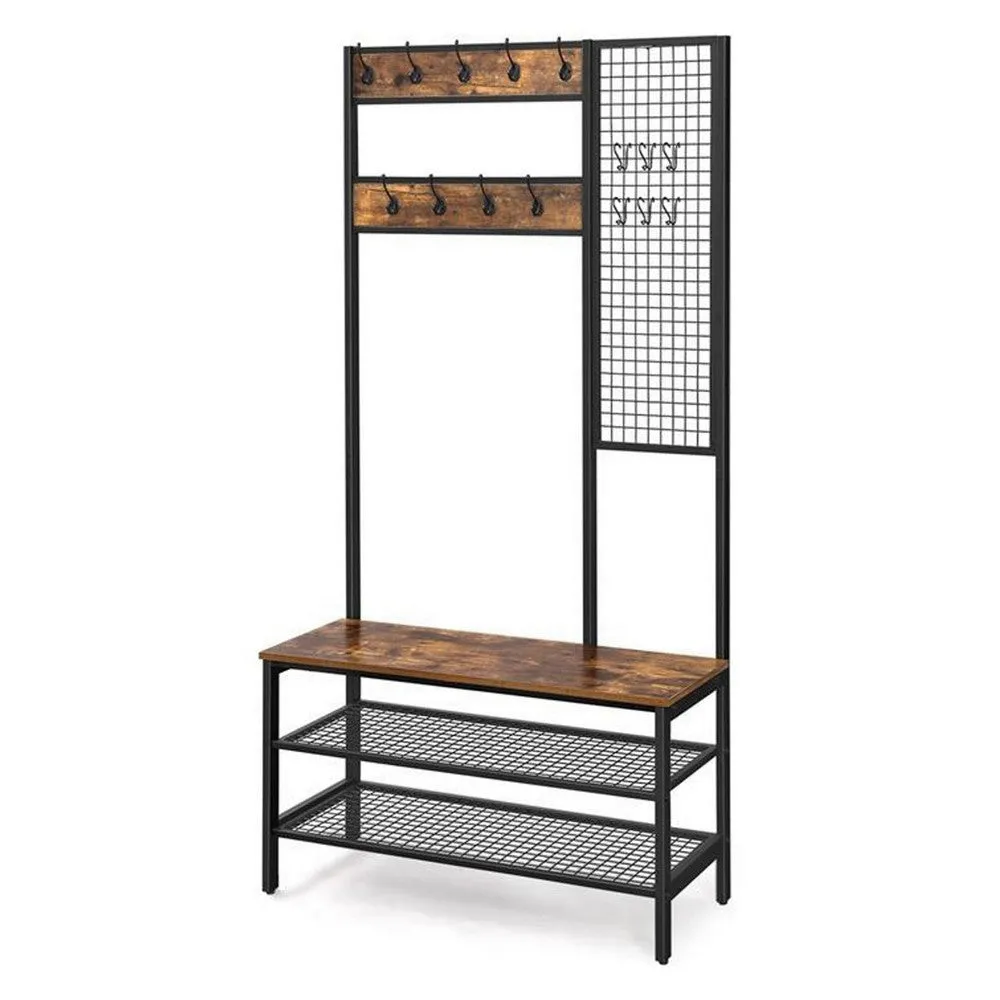 73 Inch Clothing Rack Horse, 9 Coat Hooks, 3 Shelves, Grid Wall Brown Black By Casagear Home