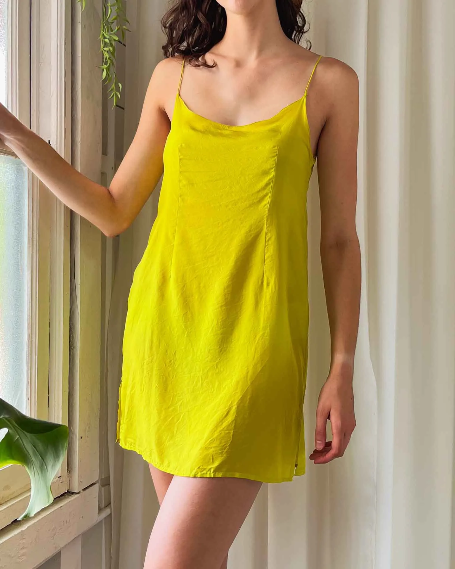 90s Chartreuse Silk Slip | S