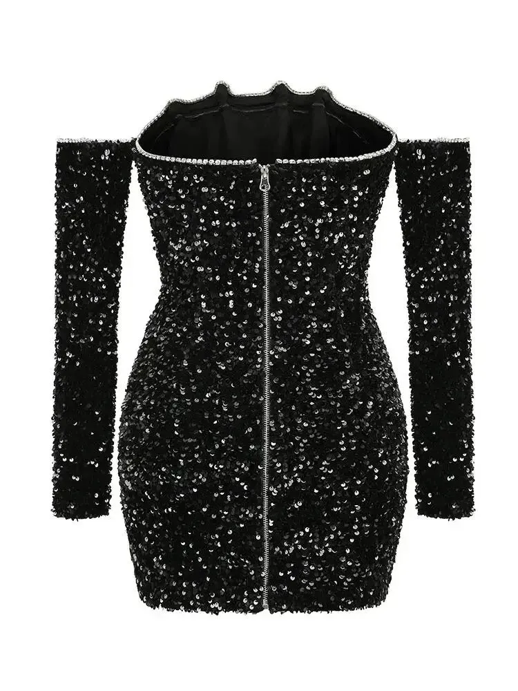 A&A Luxe Black Long Sleeve Sequin Off Shoulder Mini Dress