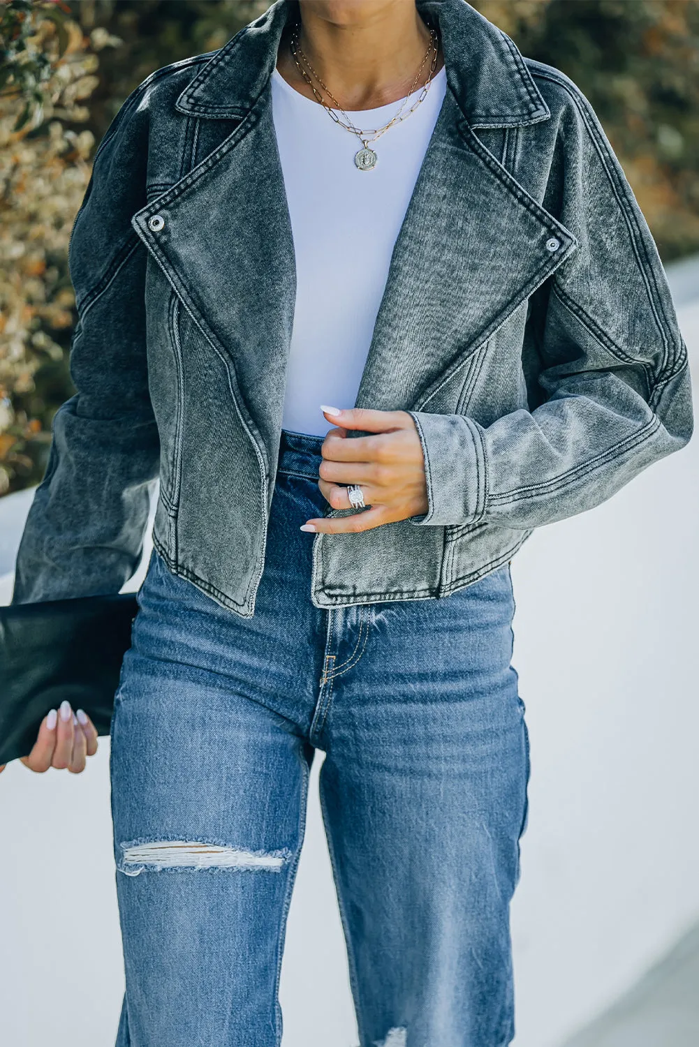 Acid Wash Lapel Collar Cropped Denim Jacket