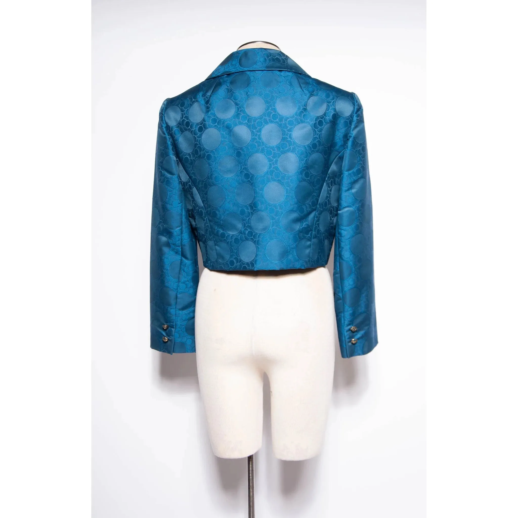 ADELE SIMPSON Vintage 1960s Blue Silk Jacquard Polka Dot Cropped Jacket | M/L