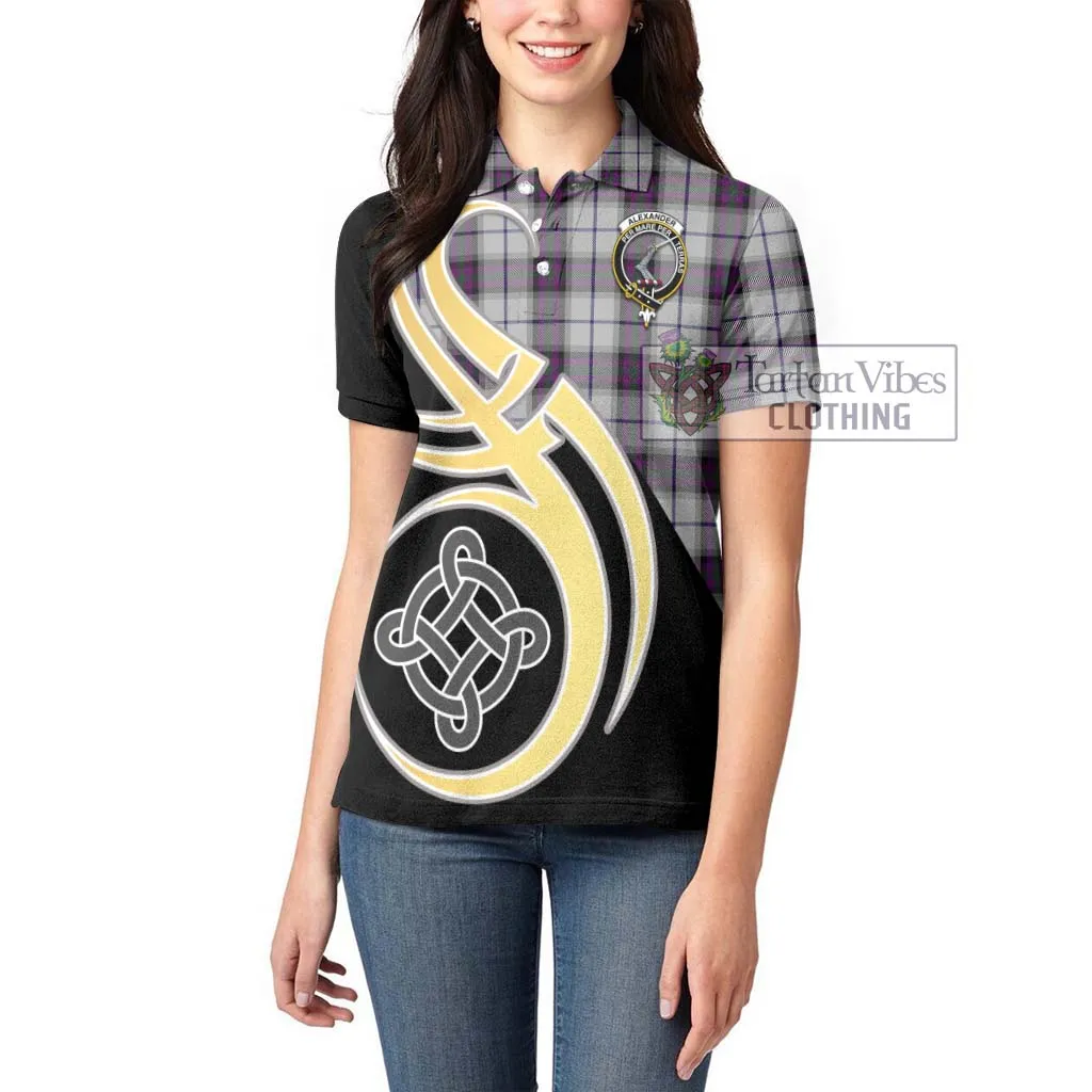 Alexander of Menstry Dress Tartan Women's Polo Shirt with Family Crest and Celtic Symbol Style