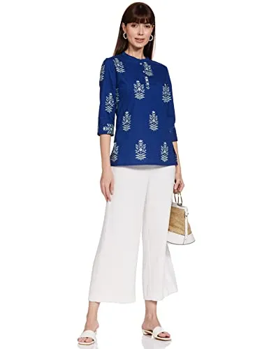 Amazon Brand - Myx Women's Cotton Screen Print Straight Short Kurti (SS19MYXTP019A1_Indigo 1_XL)