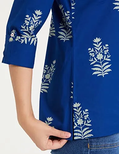 Amazon Brand - Myx Women's Cotton Screen Print Straight Short Kurti (SS19MYXTP019A1_Indigo 1_XL)