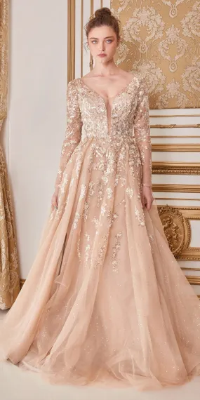 Andrea & Leo A1215 Champagne Long Sleeve Beaded A-Line Gown