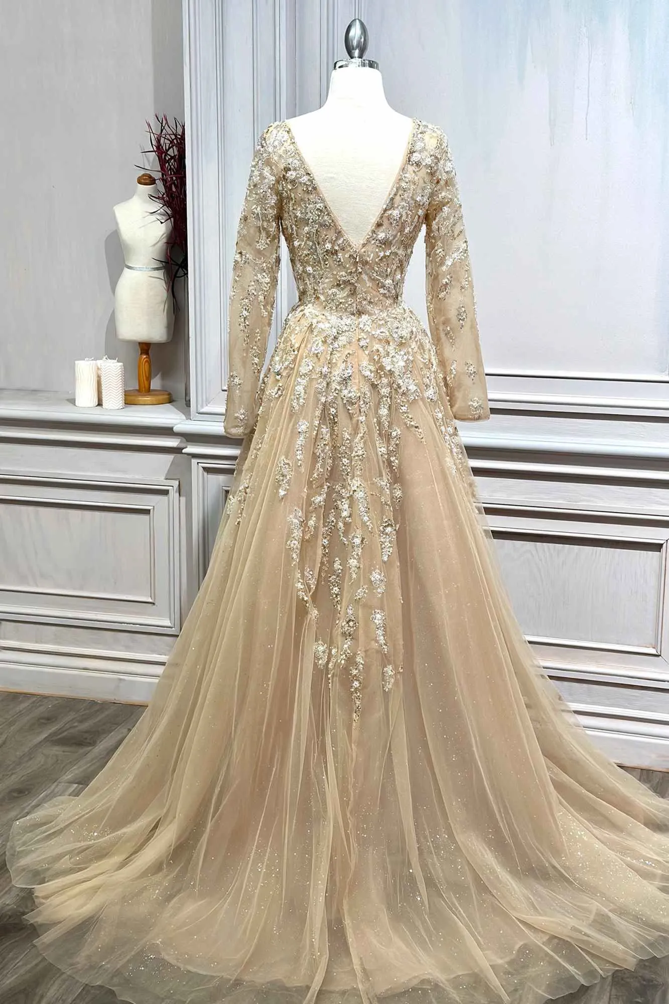 Andrea & Leo A1215 Champagne Long Sleeve Beaded A-Line Gown