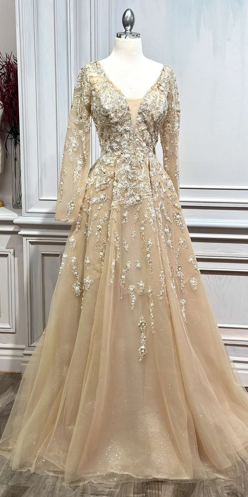 Andrea & Leo A1215 Champagne Long Sleeve Beaded A-Line Gown