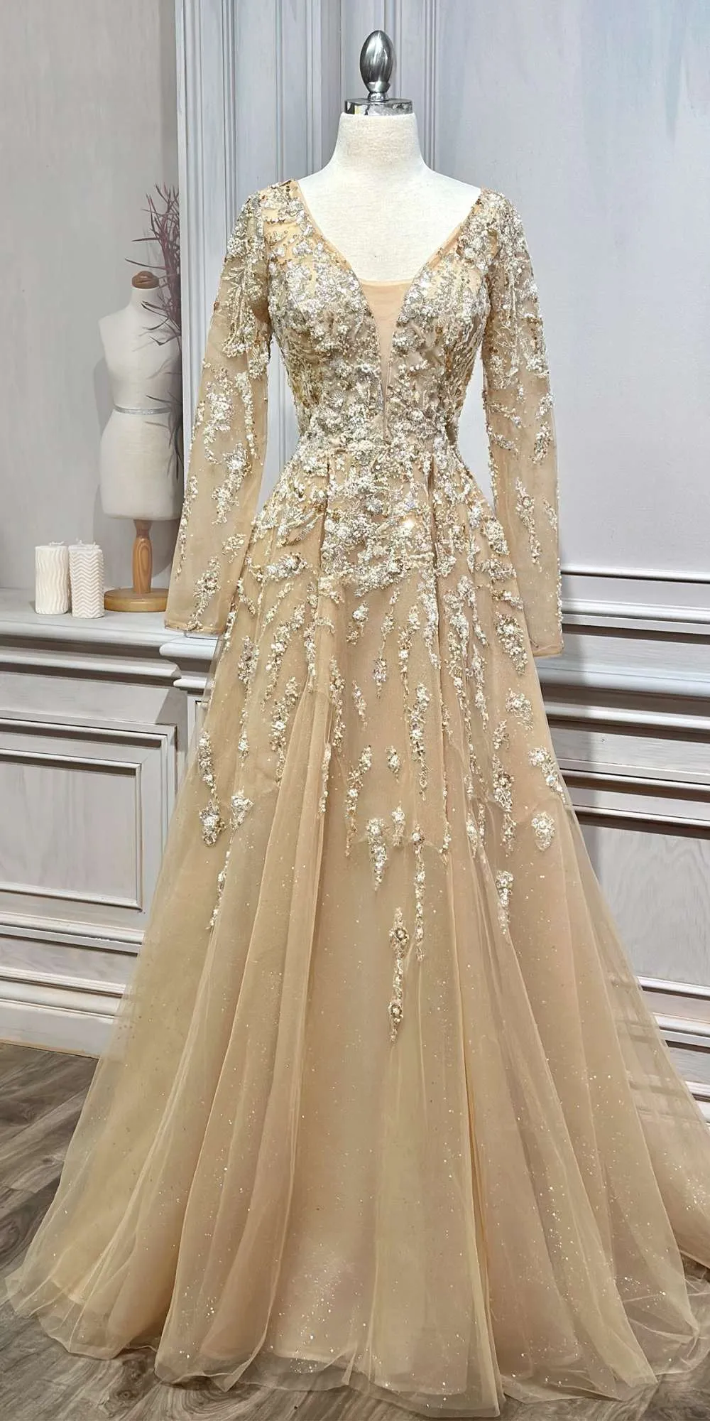 Andrea & Leo A1215 Champagne Long Sleeve Beaded A-Line Gown