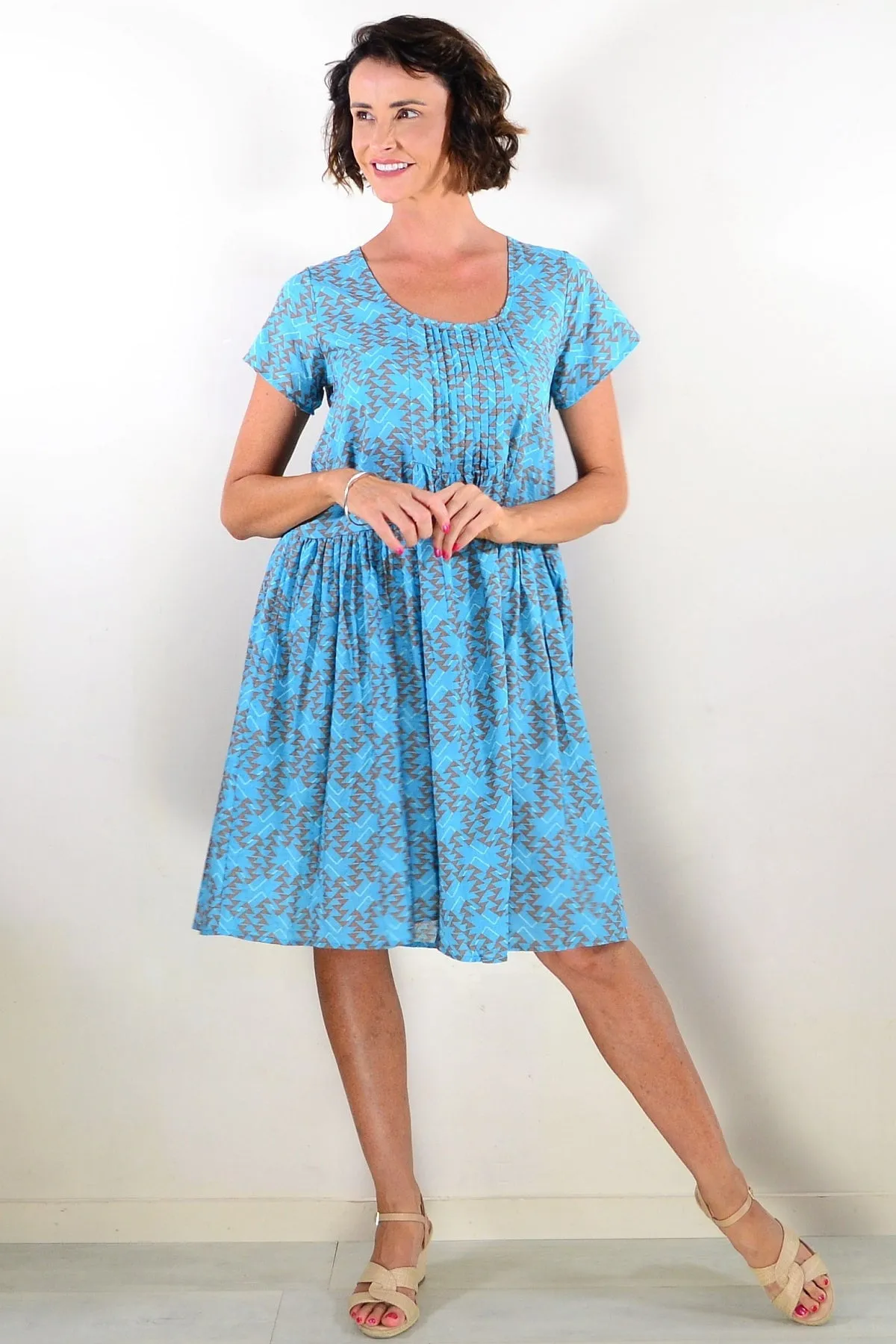 Aqua Triangles Pintuck Pleats Tunic Dress