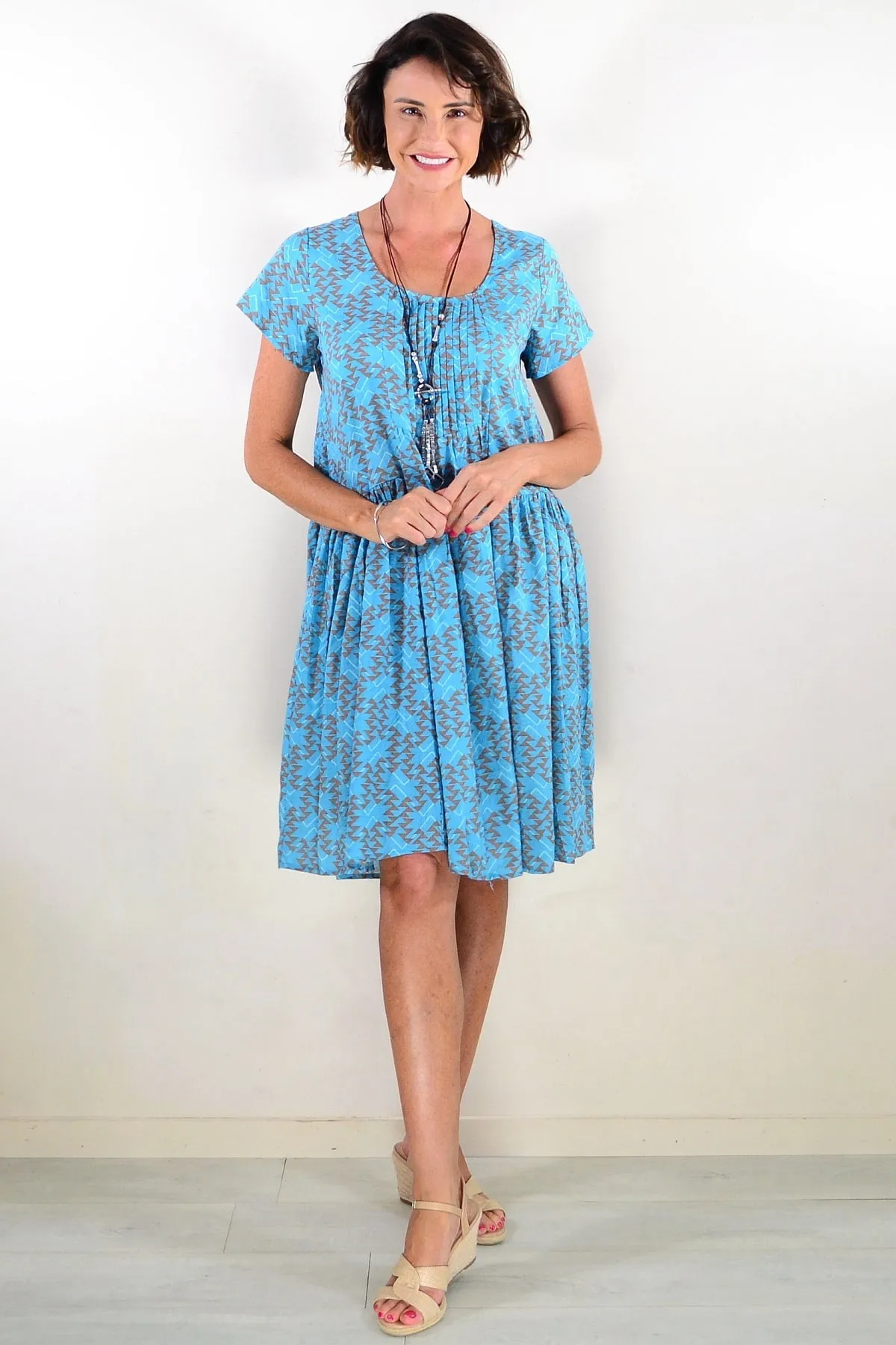 Aqua Triangles Pintuck Pleats Tunic Dress