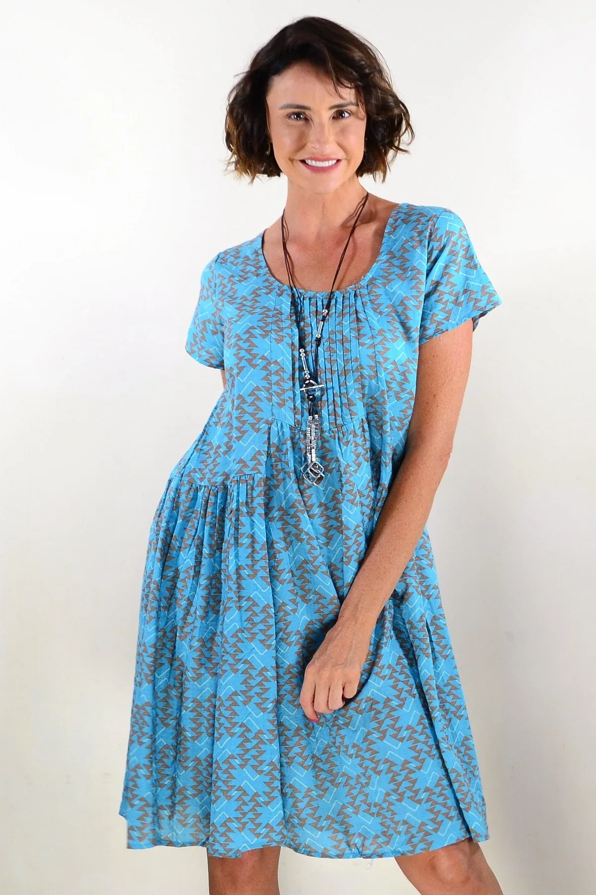 Aqua Triangles Pintuck Pleats Tunic Dress