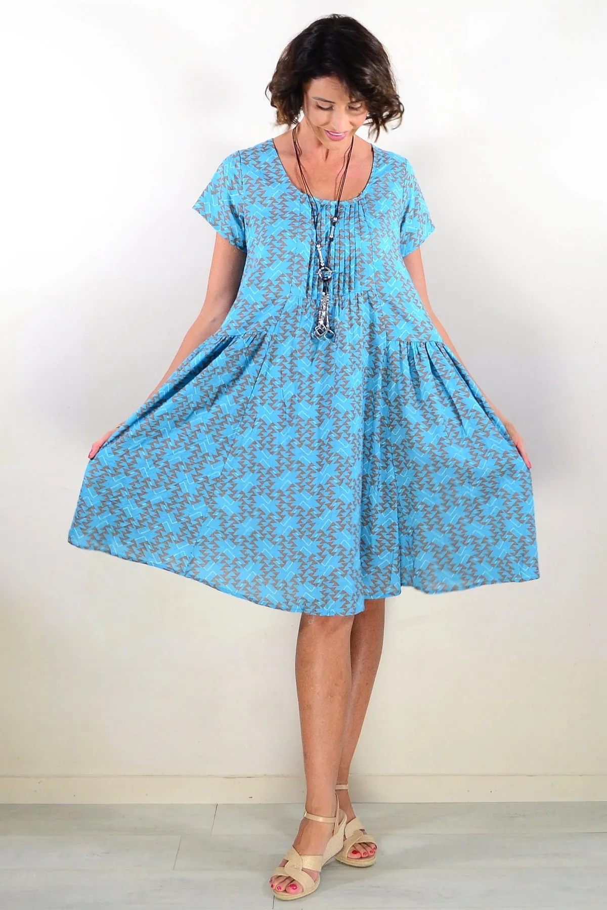 Aqua Triangles Pintuck Pleats Tunic Dress