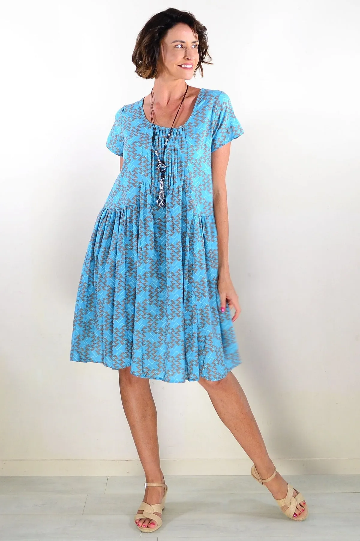 Aqua Triangles Pintuck Pleats Tunic Dress