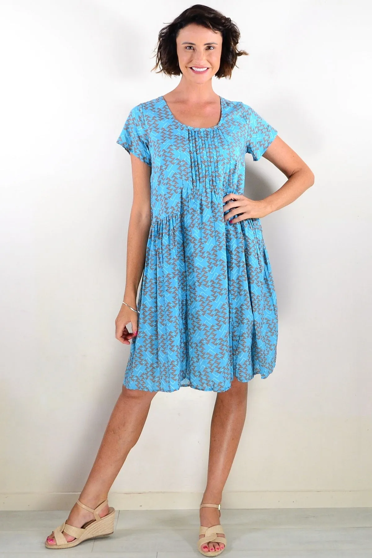 Aqua Triangles Pintuck Pleats Tunic Dress