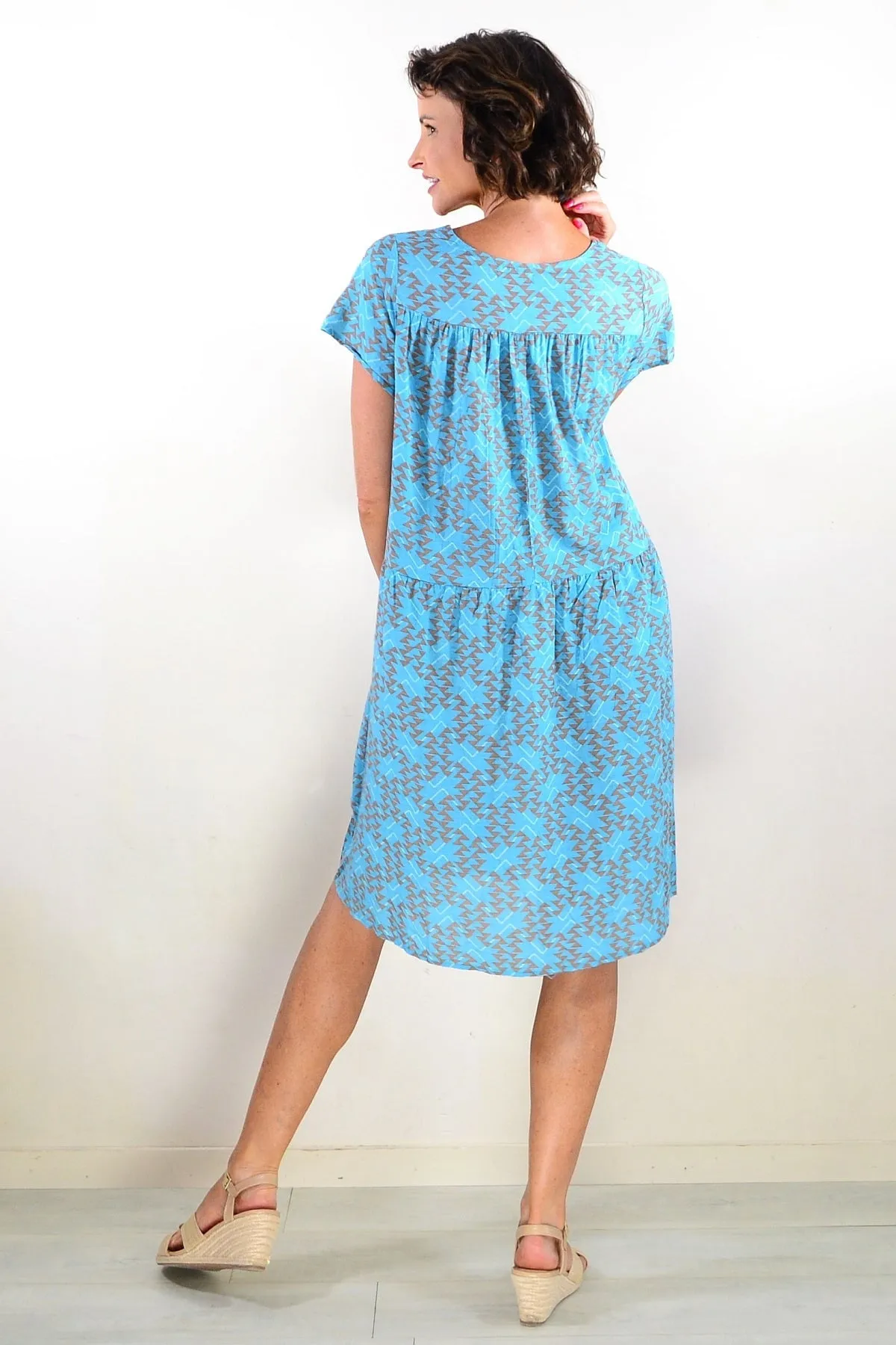 Aqua Triangles Pintuck Pleats Tunic Dress