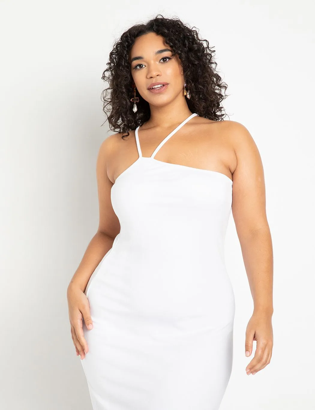 Asym Strap Ribbed Dress in True White