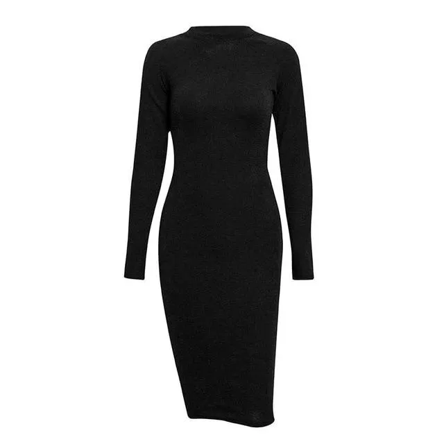 Backless Knitted Bodycon Elegant Office Long Sleeve Sexy  Dress