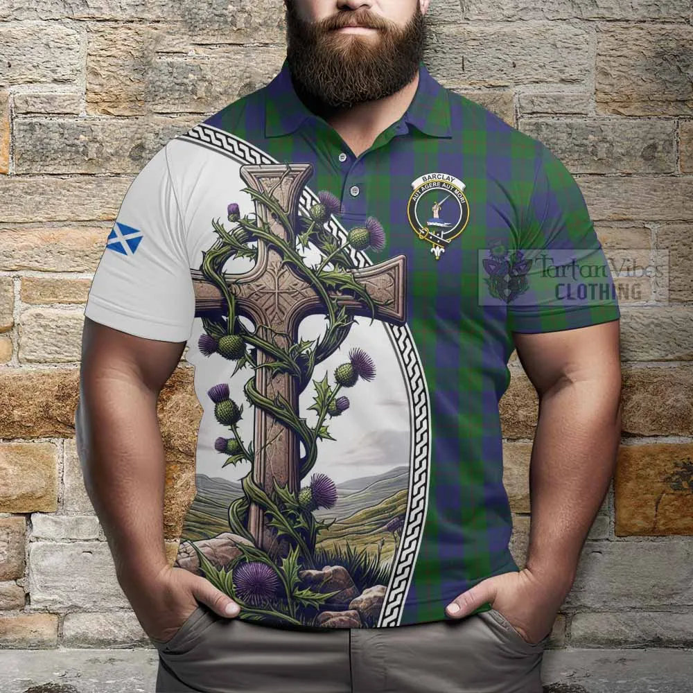 Barclay Tartan Polo Shirt with Family Crest and St. Andrew's Cross Accented by Thistle Vines