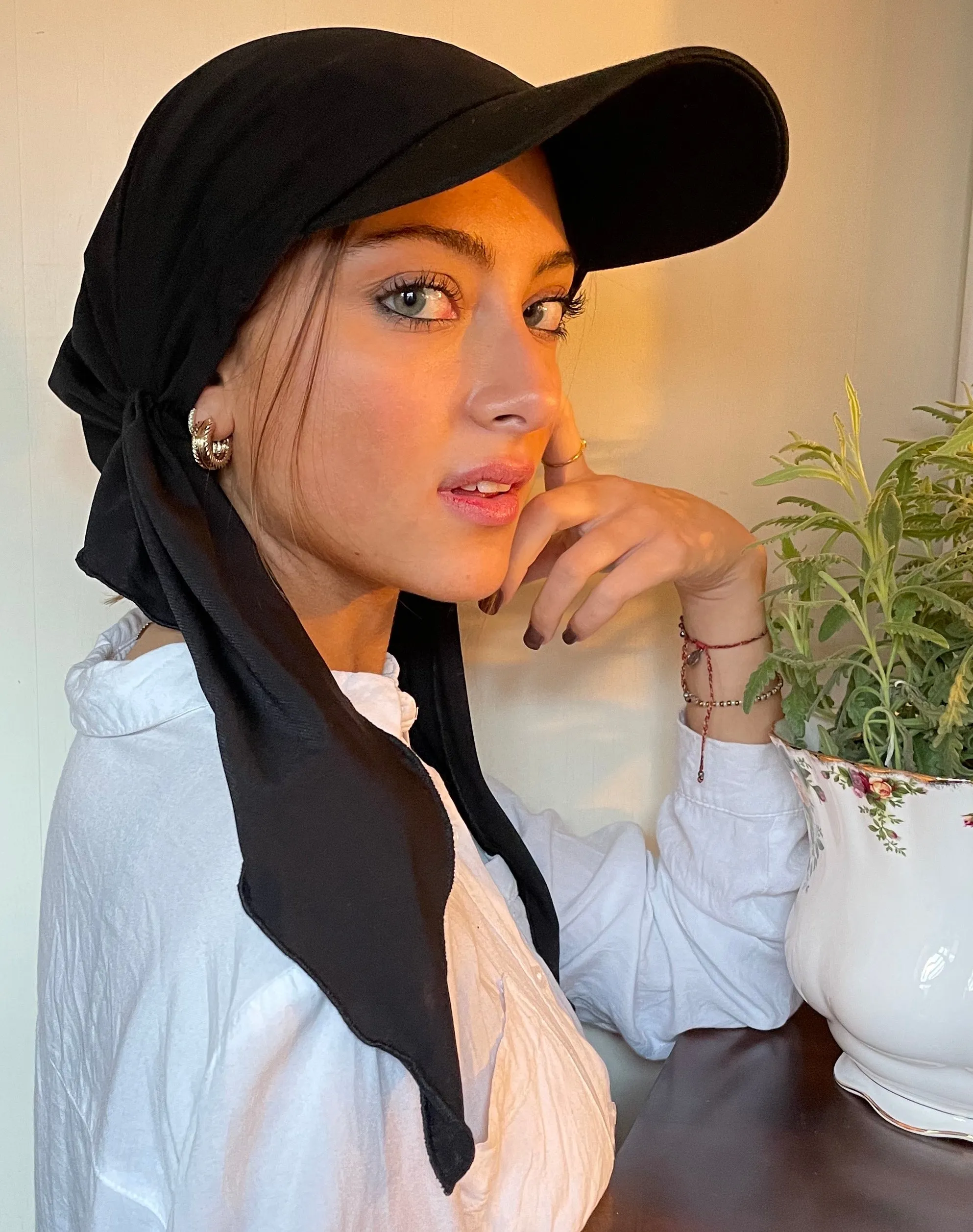 Baseball Cap Scarf Black Sun Visor To Cover Conceal and Shade Hair by Uptown Girl Headwear. Made in USA