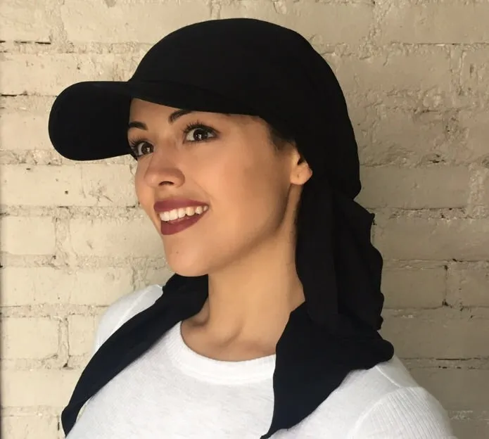 Baseball Cap Scarf Black Sun Visor To Cover Conceal and Shade Hair by Uptown Girl Headwear. Made in USA