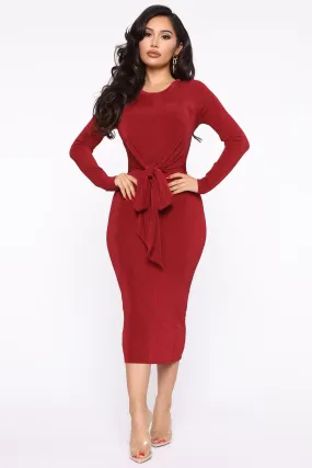 Be Honest Tie Front Midi Dress - Burgundy