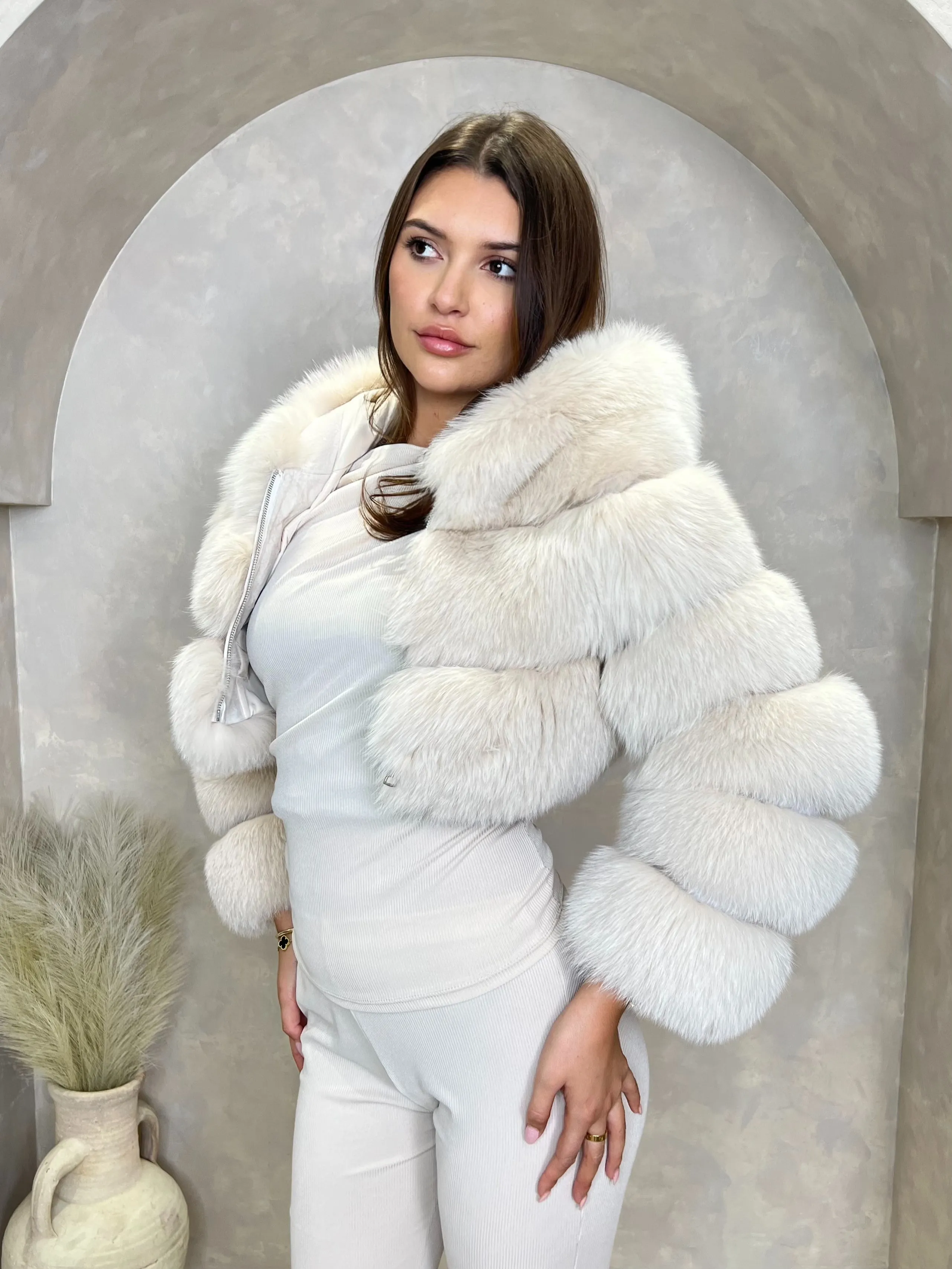 Beige Luxury Fur Hooded Jacket