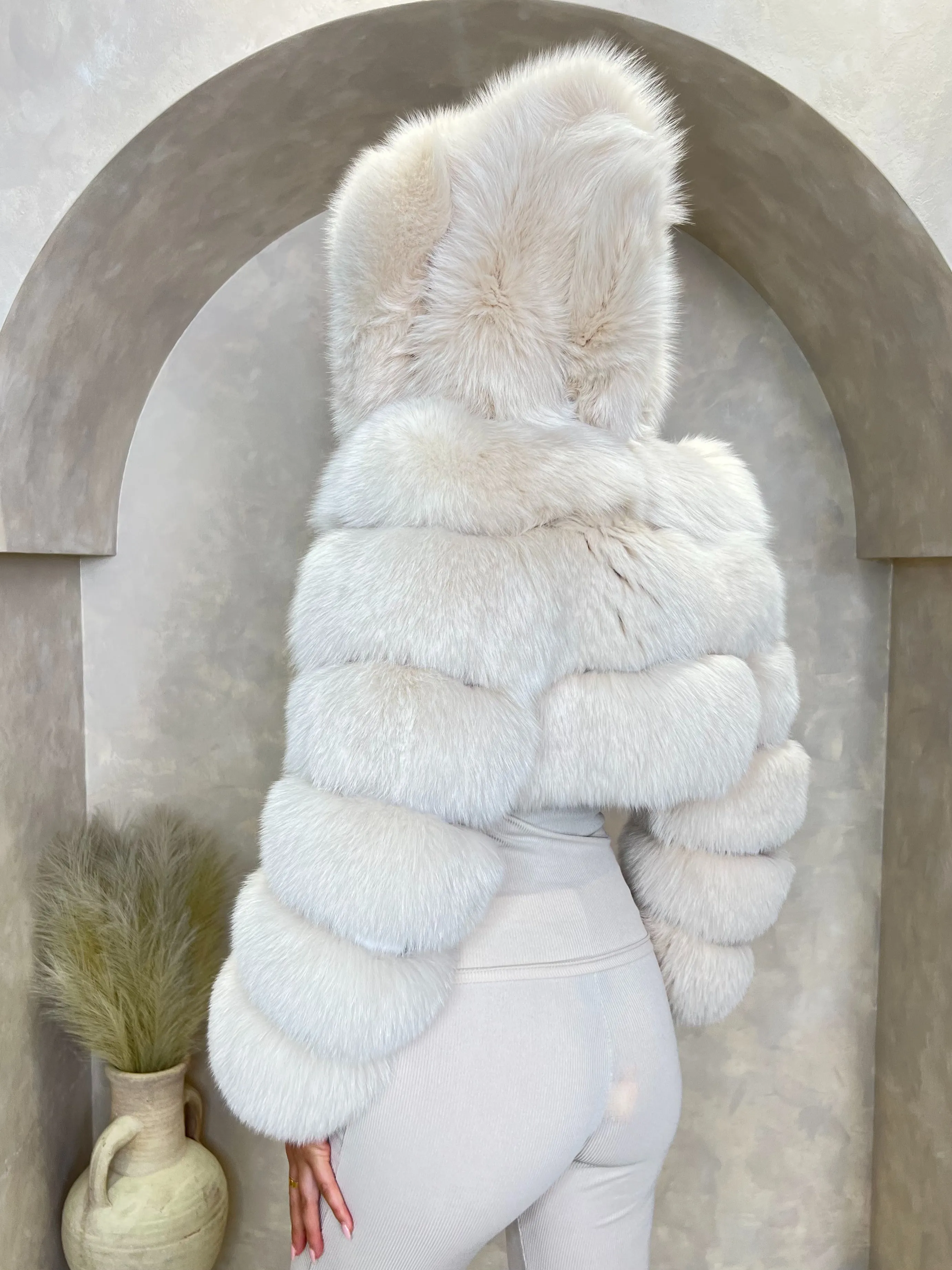 Beige Luxury Fur Hooded Jacket