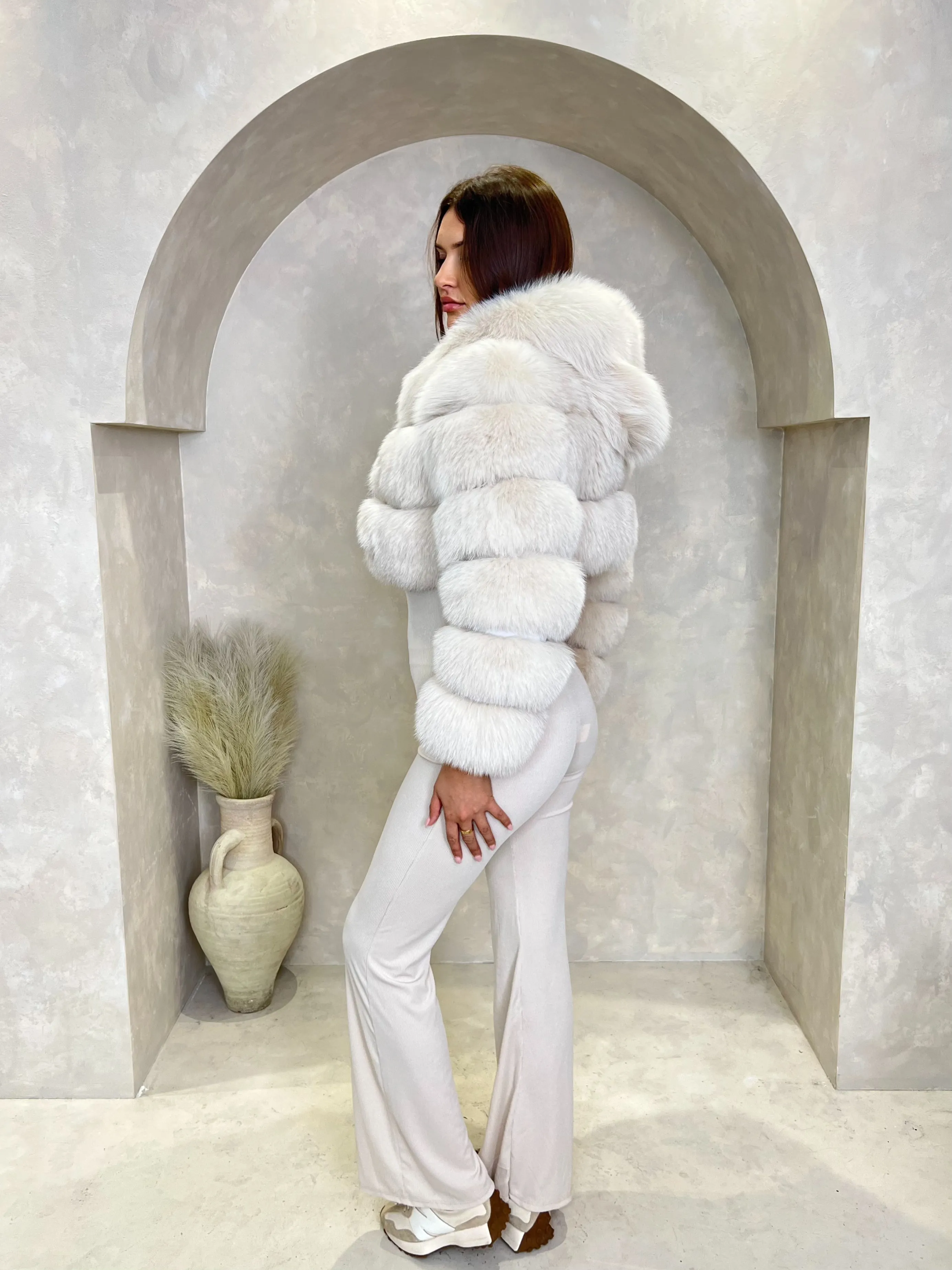 Beige Luxury Fur Hooded Jacket