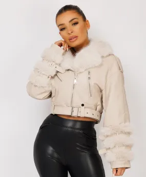 Beige Vegan Leather Faux Fur Trim Aviator Jacket