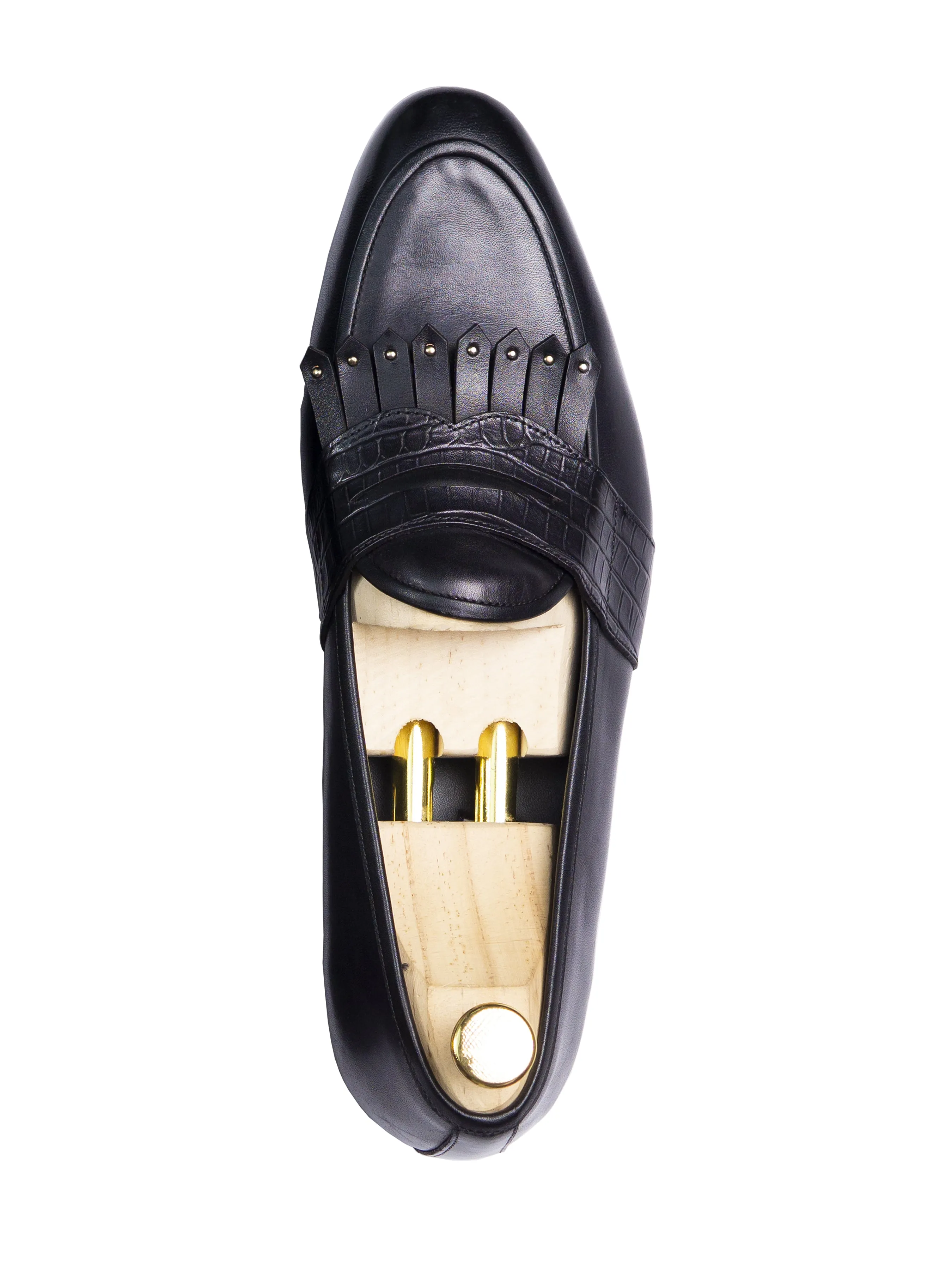 Belgian Loafer - Black Grey Phyton Penny Strap with Studded Fringe (Hand Painted Patina)