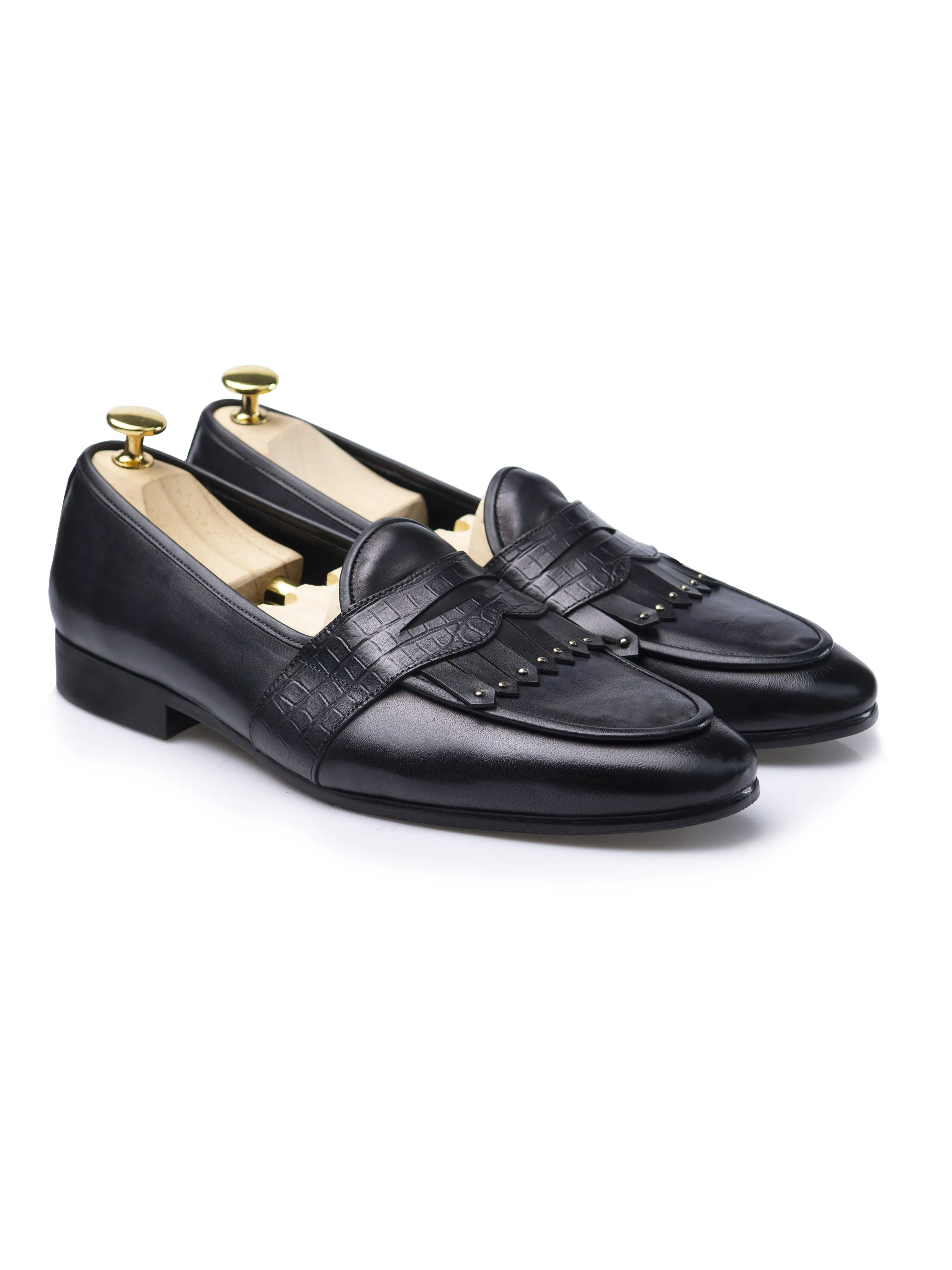 Belgian Loafer - Black Grey Phyton Penny Strap with Studded Fringe (Hand Painted Patina)