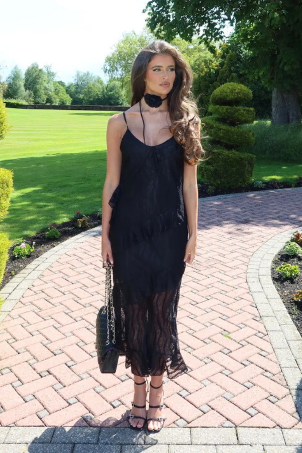 Belle black lace flower choker midi dress