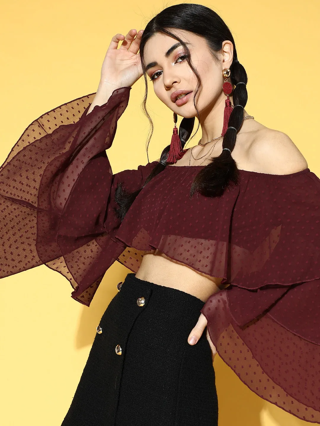 Berrylush Women Solid Maroon Dobby Weave Off-Shoulder Neck Semi-Sheer Layered Bardot Crop Top