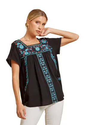 Black & Teal Embroidered Babydoll Top