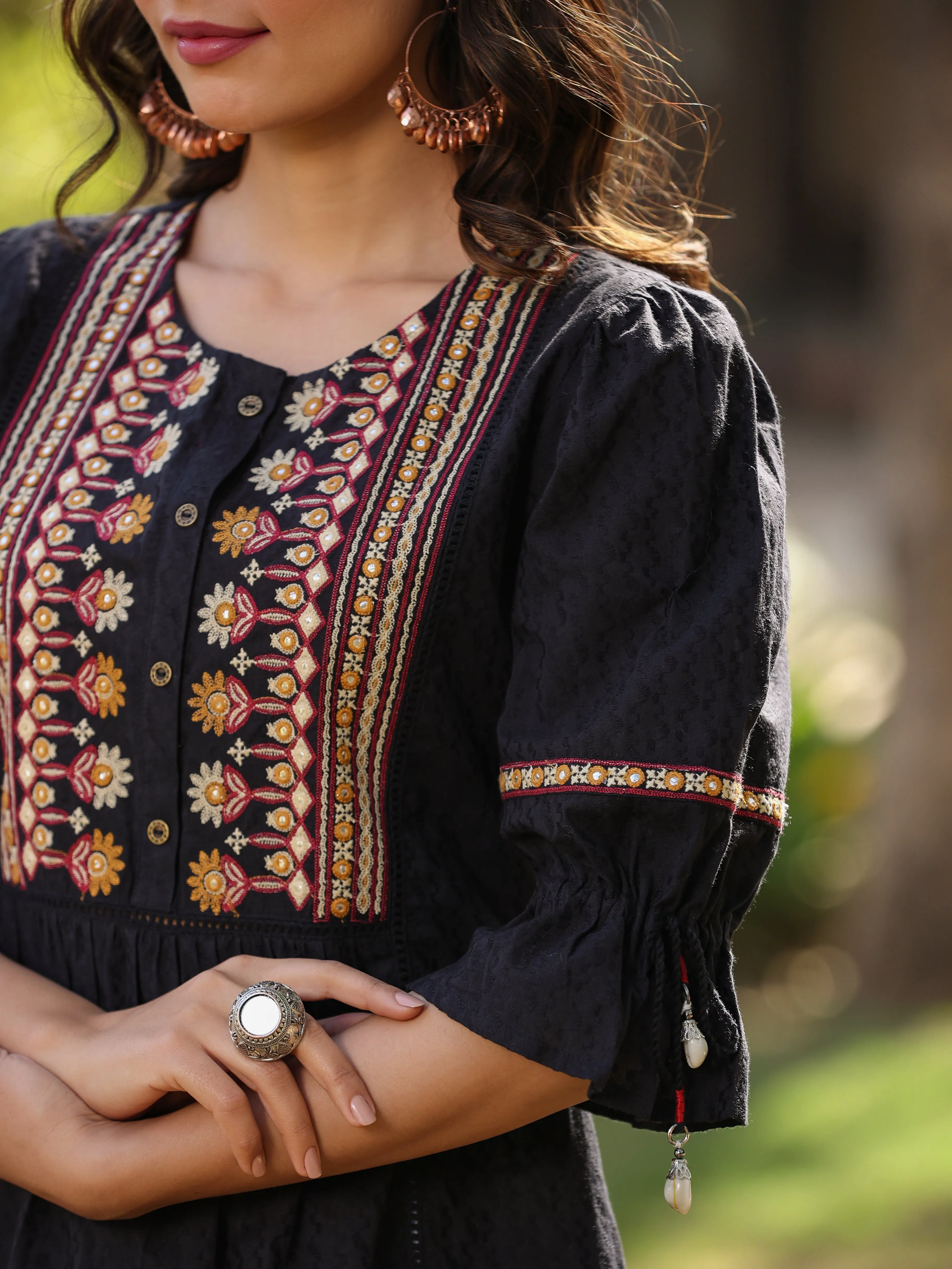 Black Cotton Solid With Embroidered Straight Tunic