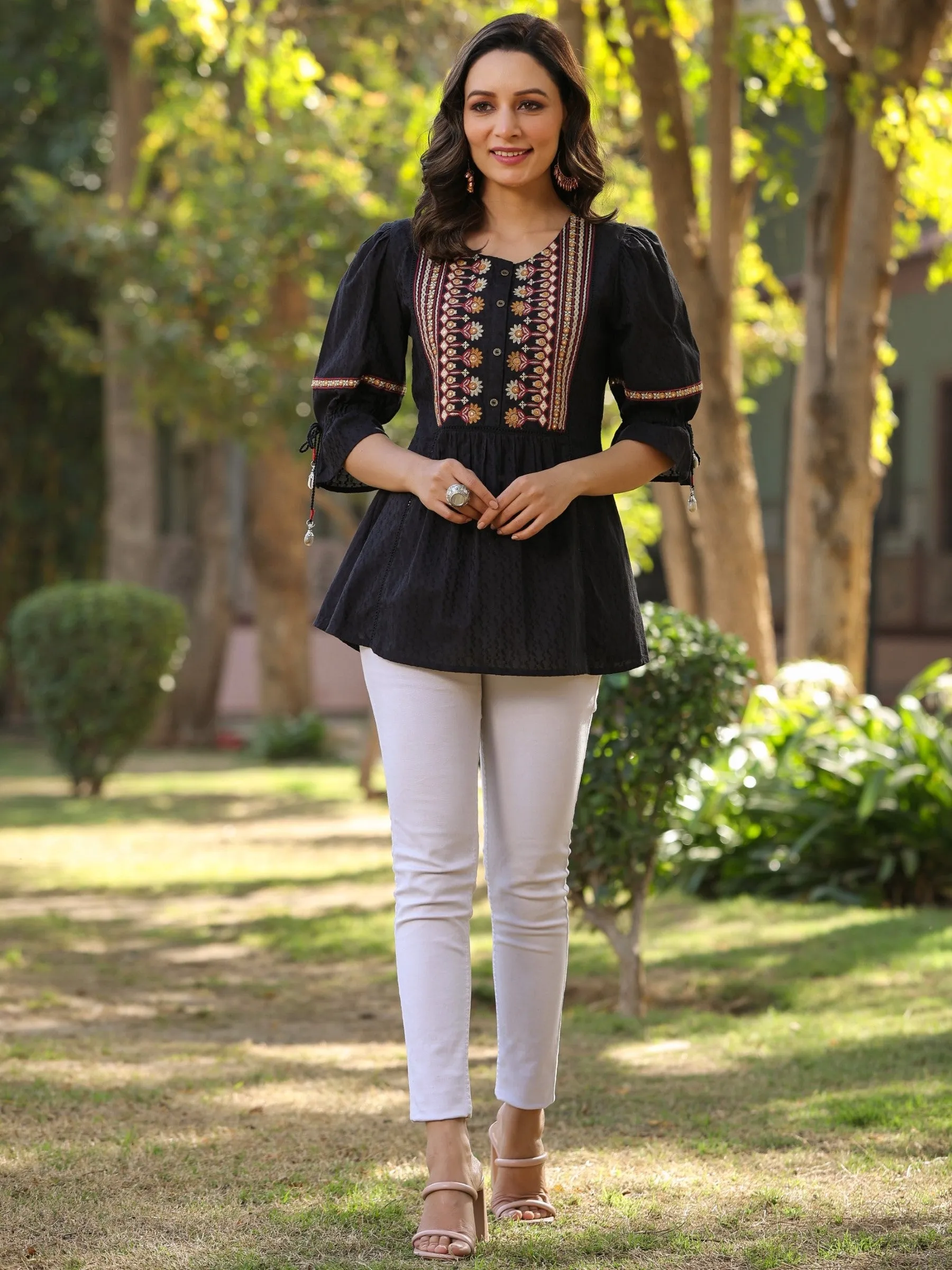 Black Cotton Solid With Embroidered Straight Tunic