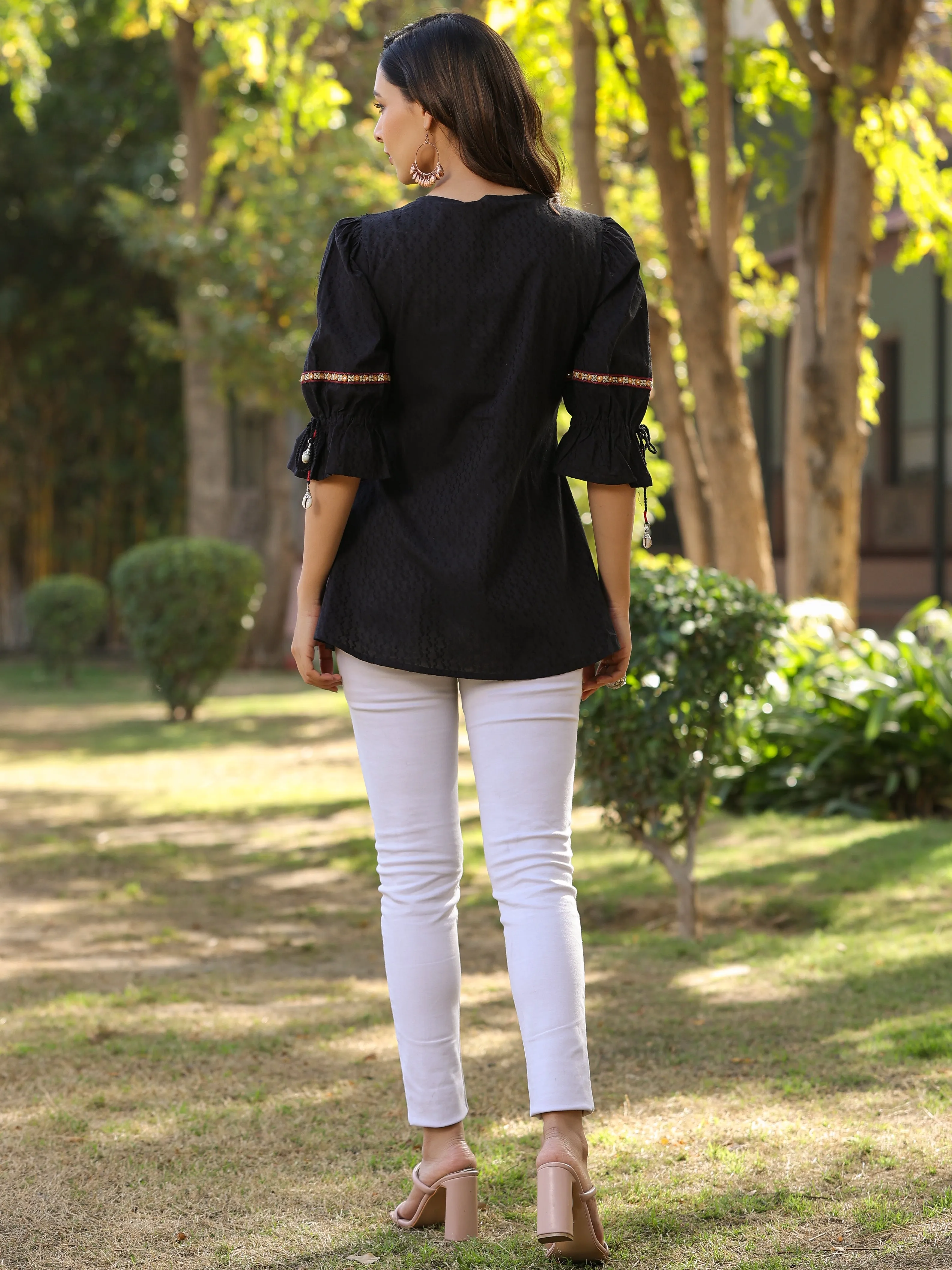 Black Cotton Solid With Embroidered Straight Tunic