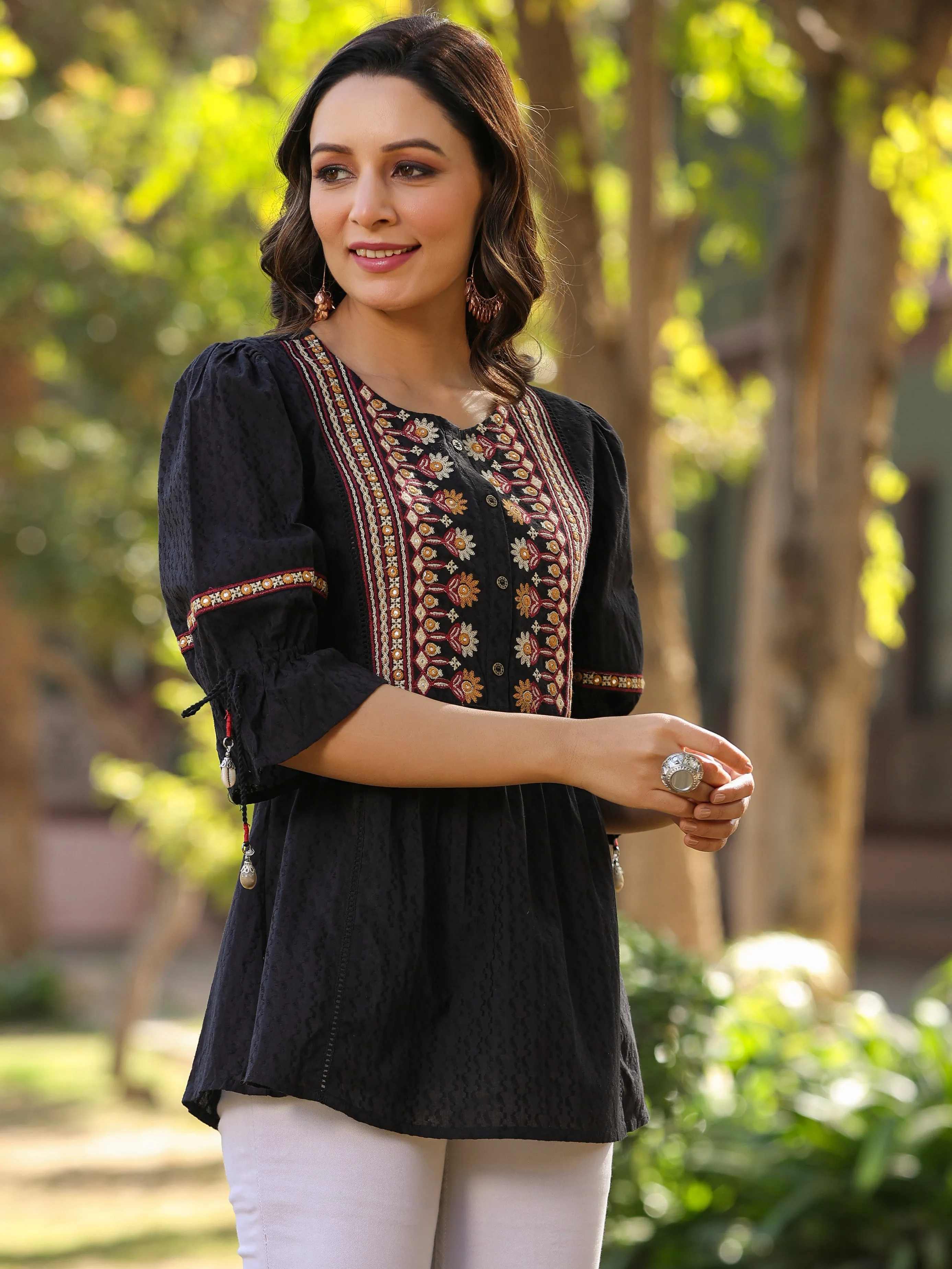 Black Cotton Solid With Embroidered Straight Tunic