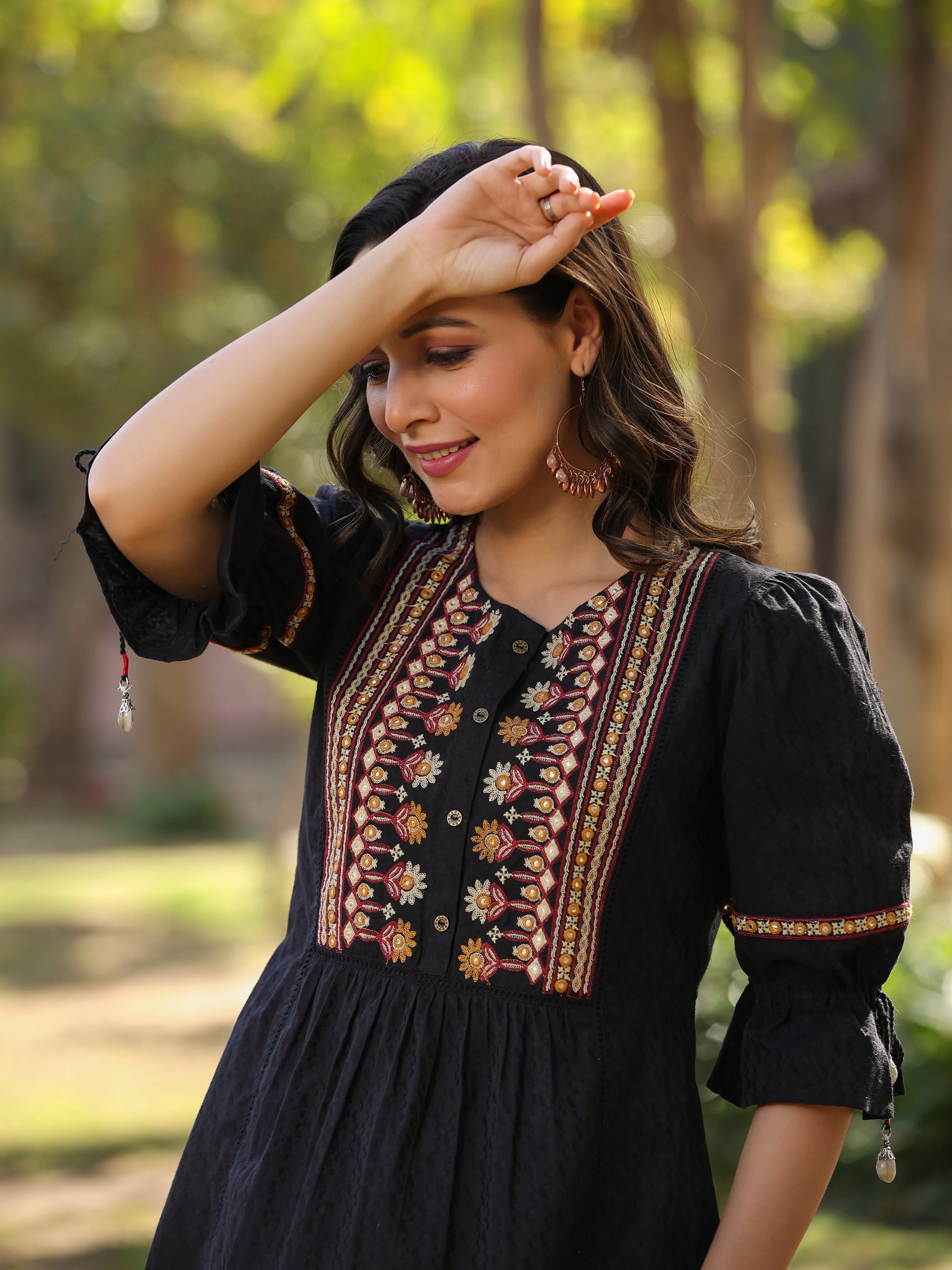 Black Cotton Solid With Embroidered Straight Tunic