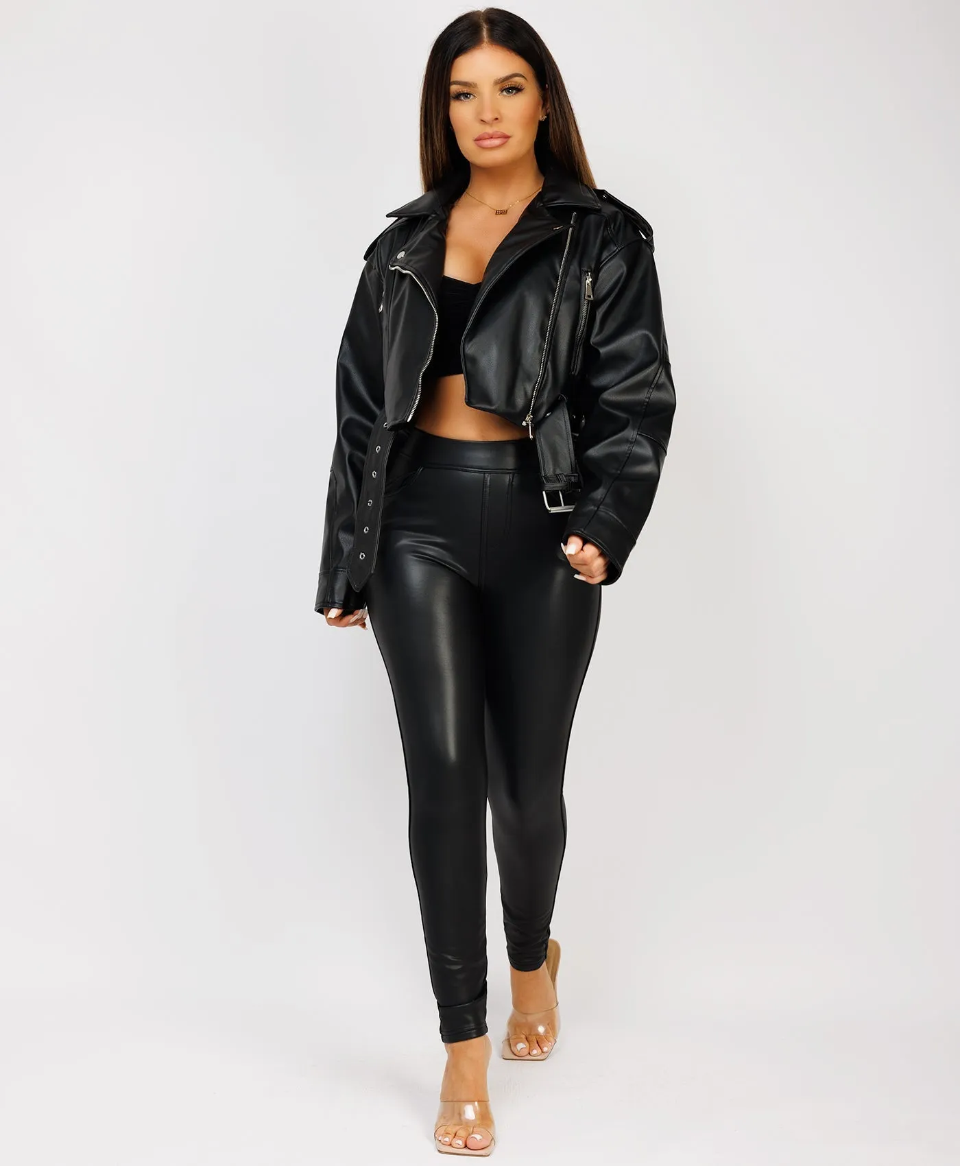 Black Faux Leather Cropped Belted Biker Jacket