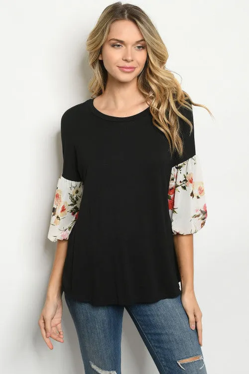 Black Floral Puff Sleeve Tunic Top