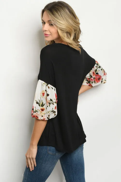 Black Floral Puff Sleeve Tunic Top