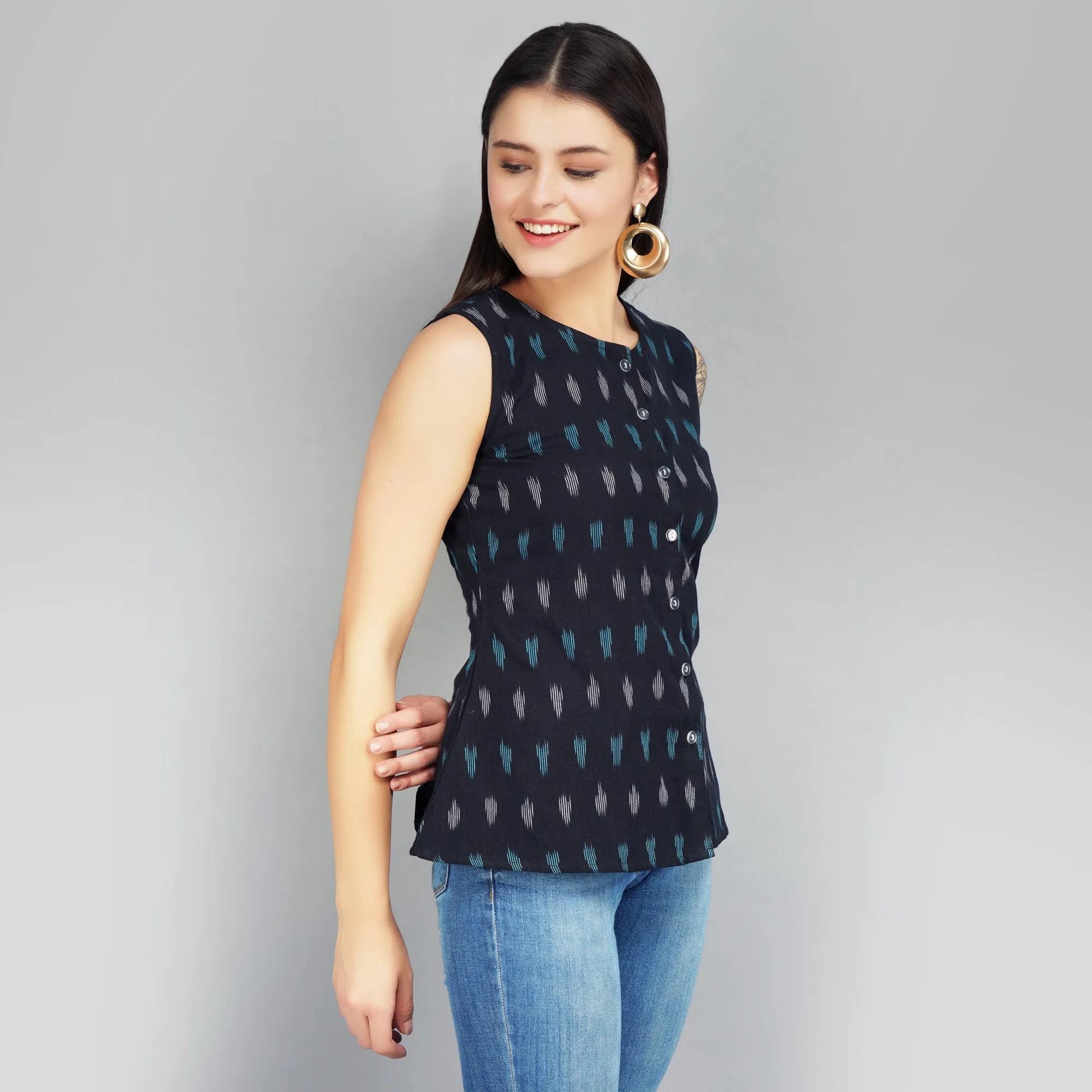 Black Ikat Cotton Sleeveless Button Down Top