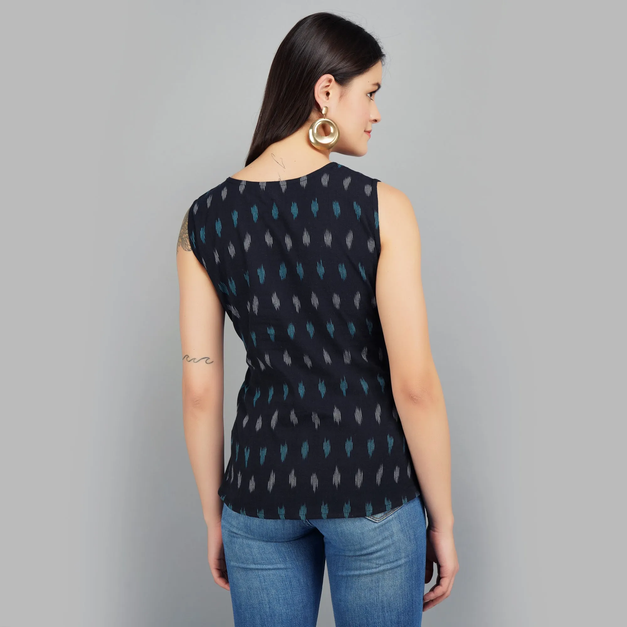 Black Ikat Cotton Sleeveless Button Down Top