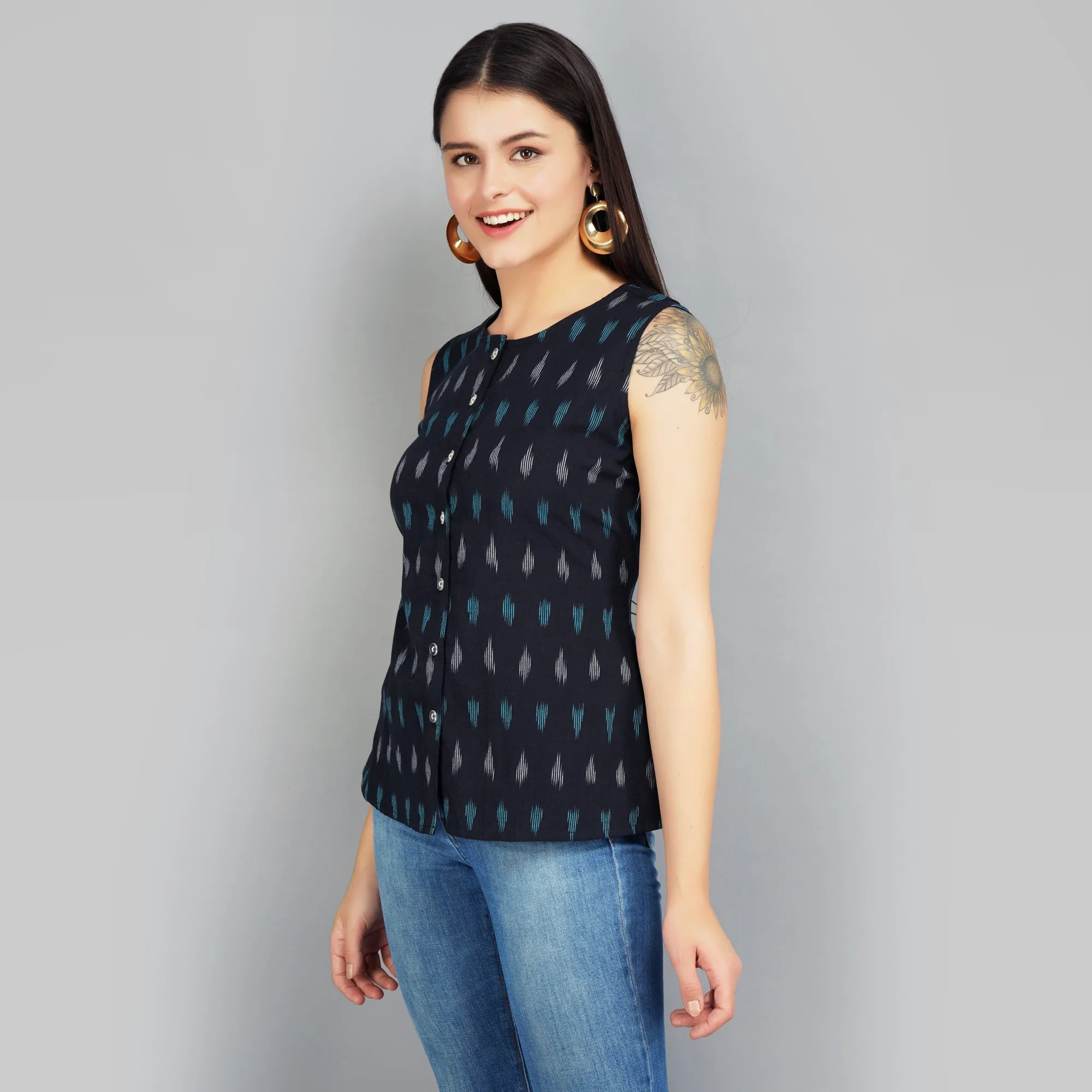 Black Ikat Cotton Sleeveless Button Down Top