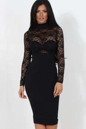 Black Lace High Neck Midi Dress-Neriah